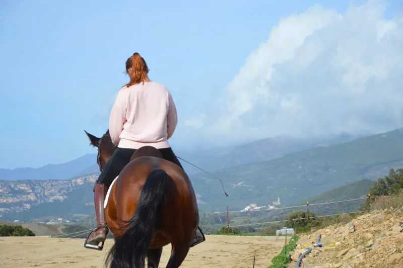 Amazona de costas com seu cavalo lusitano, deslocamento lateral, vista para as montanhas da Córsega