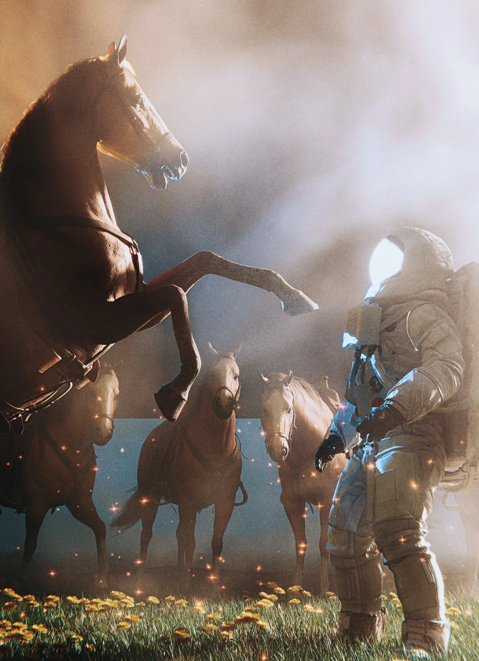 Um cavalo empinado, encarando um astronauta